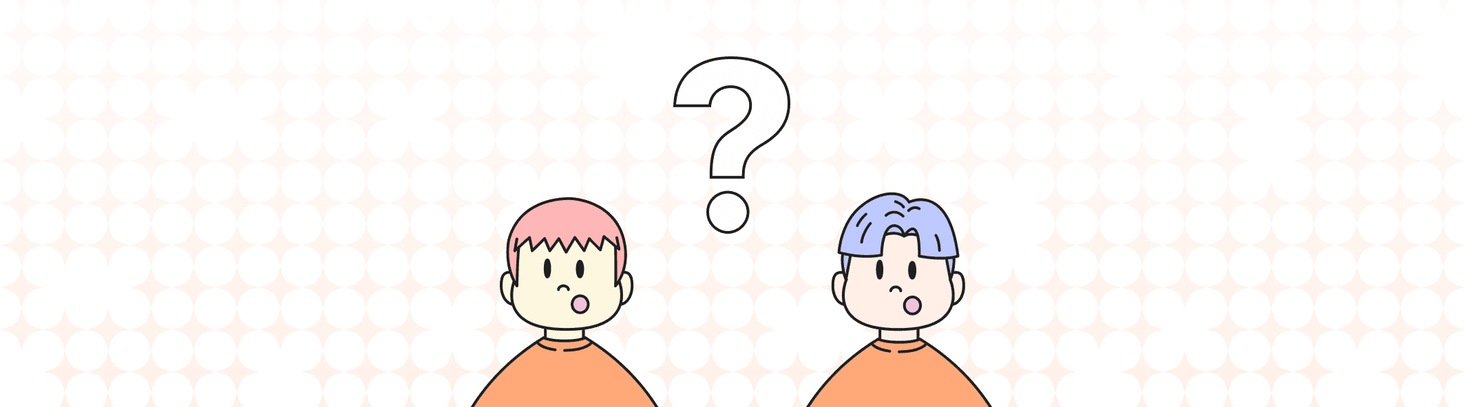 A line illustration of two people with their mouth open, and a giant question mark between them.